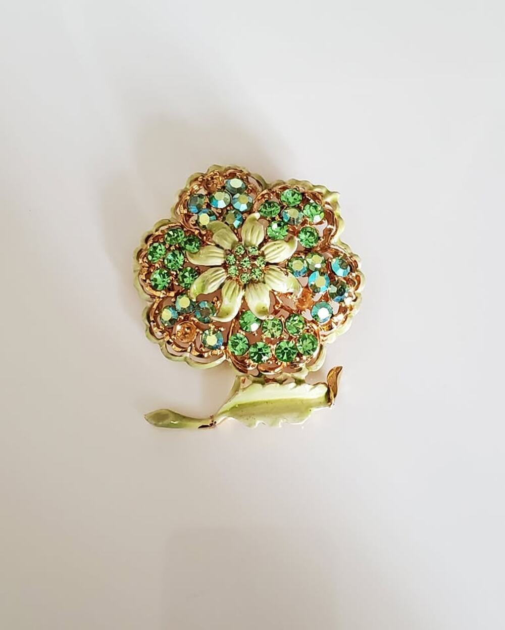 Vintage Sage Green Enamel and Rhinestone Flower Brooch